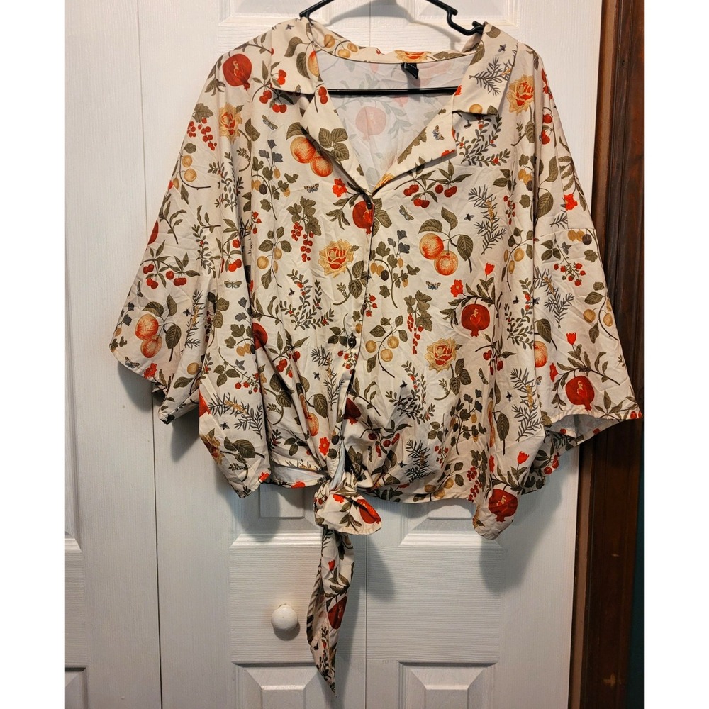 Cider Fruit Print Tie Front Blouse Perfect For Fall Size 4XL Plus Size